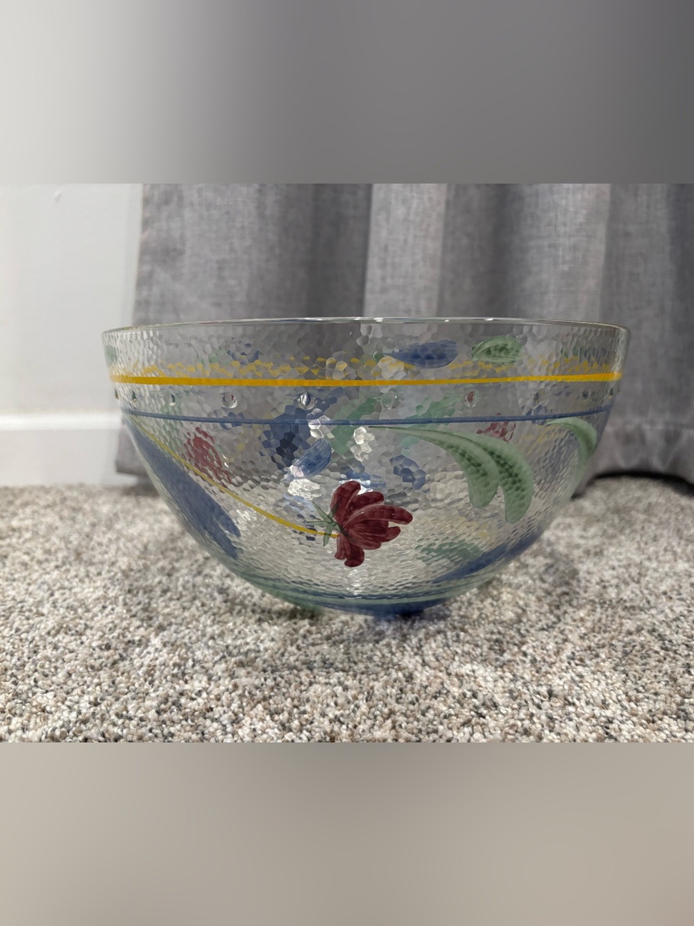 Lenox Poppies on Blue Hand-Painted Floral Glass Bowl in Blue, Green, Red Yellow